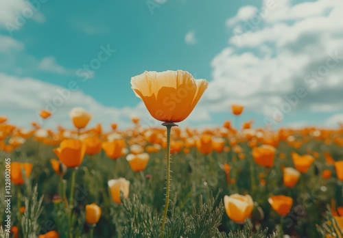 Vibrant orange poppy flower stands tall amidst a lively field of blooming flowers against a bright blue sky with fluffy white clouds