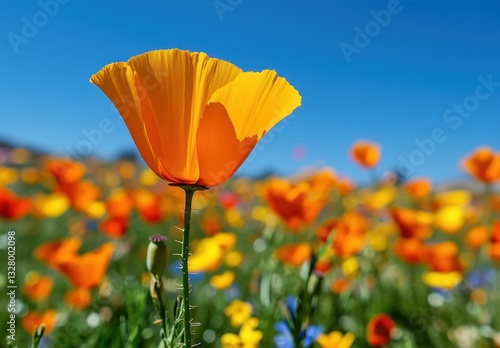 Vibrant Orange Poppy Flower Standing Tall Amidst a Colorful Blooming Field Under a Clear Blue Sky on a Bright Sunny Day in Springtime