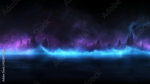 Eerie, dark landscape with glowing blue and purple mist, silhouetted mountains, and reflective water.