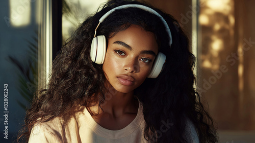 Black woman wearing headphones. High resolution aesthetic suitable for advertising purposes. Photo to attract attention in banner ads. Young black woman. Generated AI.