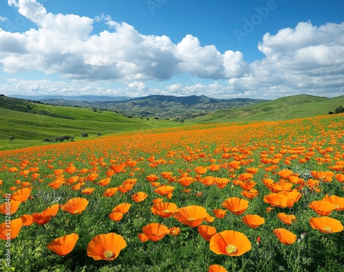 Vibrant Orange Poppy Flowers In Full Bloom Across Green Hills Under Bright Blue Sky With Fluffy Clouds In Spring Landscape