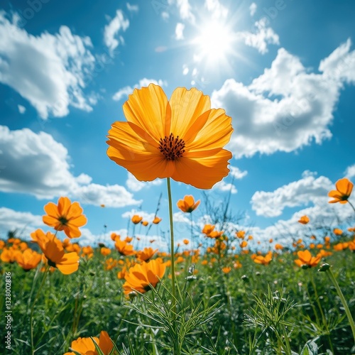 Vibrant Orange Wildflowers Illuminated by Sunshine in a Clear Blue Sky with Fluffy White Clouds Over a Lush Green Meadow