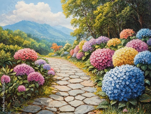 Vibrant Pathway Through Colorful Hydrangea Blooming in Lush Garden with Scenic Mountain View Under Clear Blue Sky