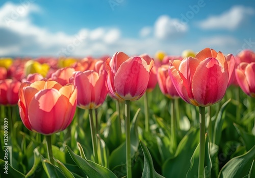 Vibrant Pink and Yellow Tulips Blooming Under a Clear Blue Sky in a Colorful Floral Field on a Sunny Day
