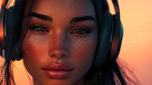 Black woman wearing headphones. High resolution aesthetic suitable for advertising purposes. Photo to attract attention in banner ads. Young black woman. Generated AI.