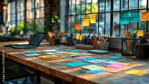 Wallpaper Mural Brightly lit workspace with colorful sticky notes, pens, and a laptop, surrounded by greenery Torontodigital.ca