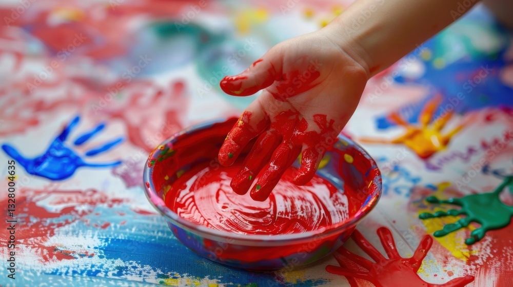 Fototapeta premium Child's Hand, Bowl of Paint, and Handprint Artwork