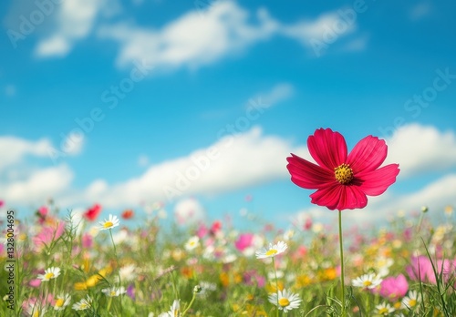 Vibrant Pink Flower in a Colorful Meadow Under Bright Blue Sky with Fluffy Clouds on a Sunny Day Ideal for Nature and Spring Themed Projects