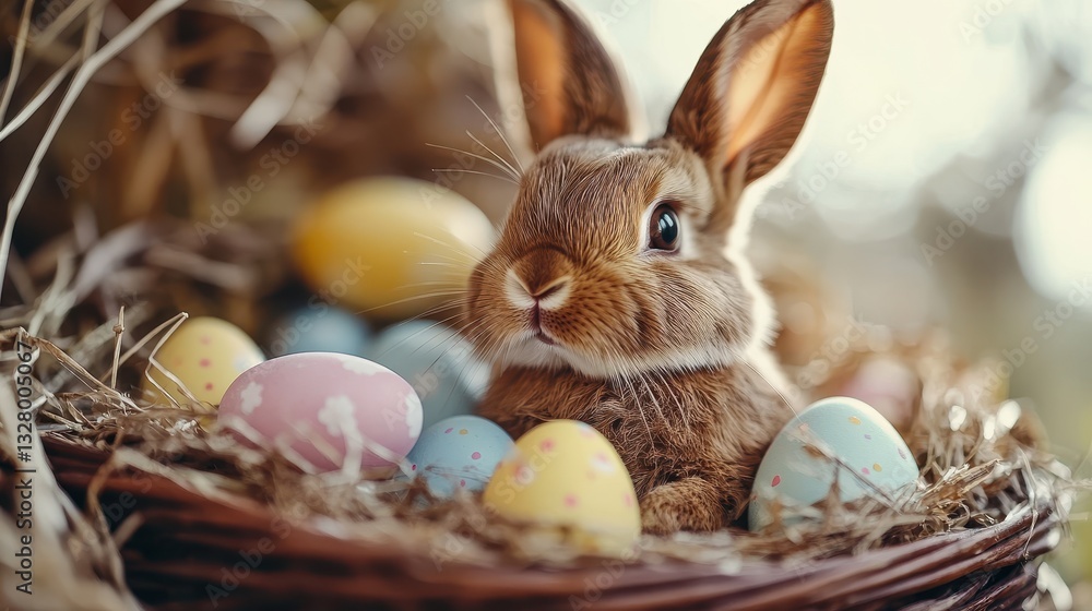 Cute bunny surrounded by colorful Easter eggs and spring flowers in a cozy indoor setting Cute bunny surrounded by colorful Easter eggs and spring flowers in a cozy indoor setting