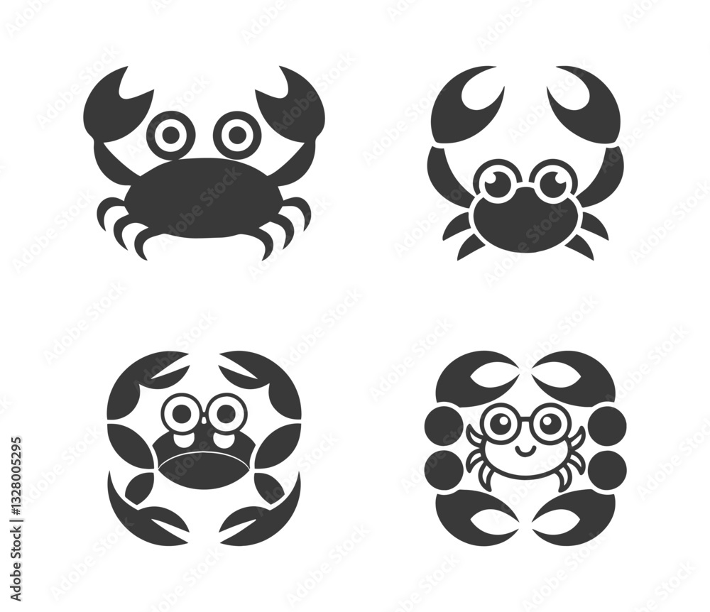 Minimalist Crab Icons – Black and White Stylized Crustacean Vector Silhouettes Minimalist Crab Icons – Black and White Stylized Crustacean Vector Silhouettes