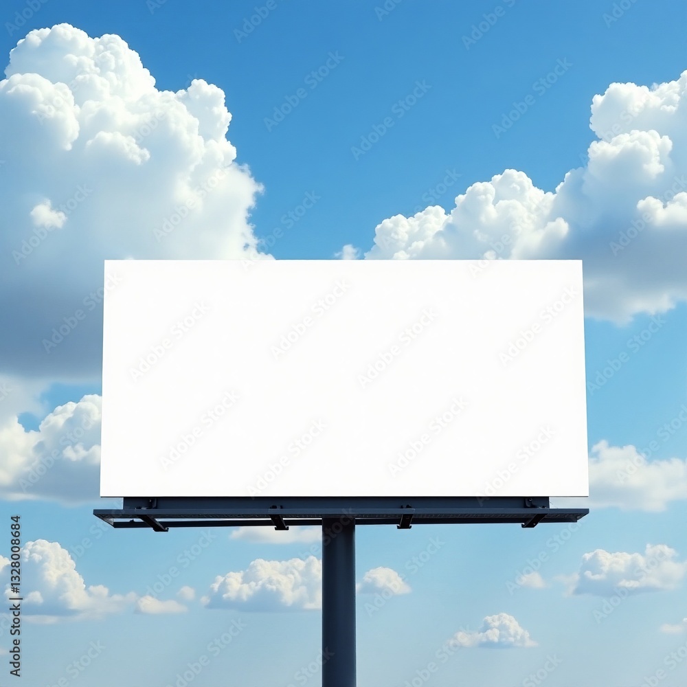 Blank billboard against a bright blue sky adorned with fluffy white clouds. Blank billboard against a bright blue sky adorned with fluffy white clouds.