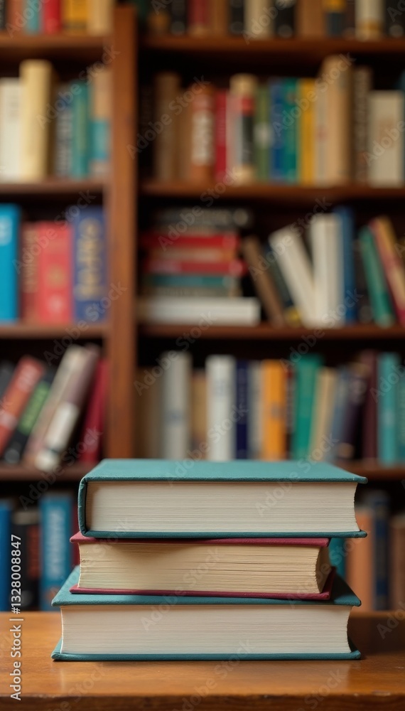 Stacked books on a shelf with blurred bookshelves in the background, study, education