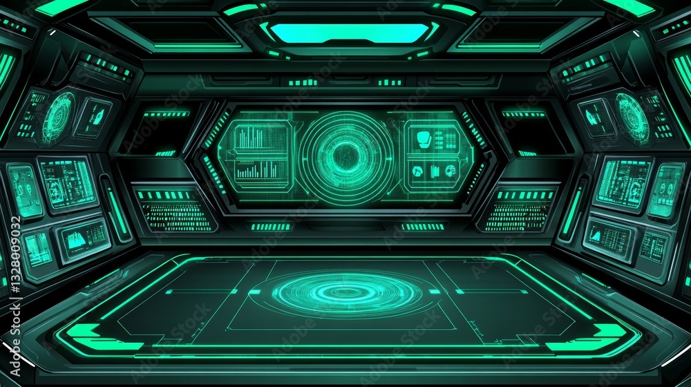 Futuristic Sci-Fi Interior Digital Control Room with Glowing Displays Futuristic Sci-Fi Interior Digital Control Room with Glowing Displays