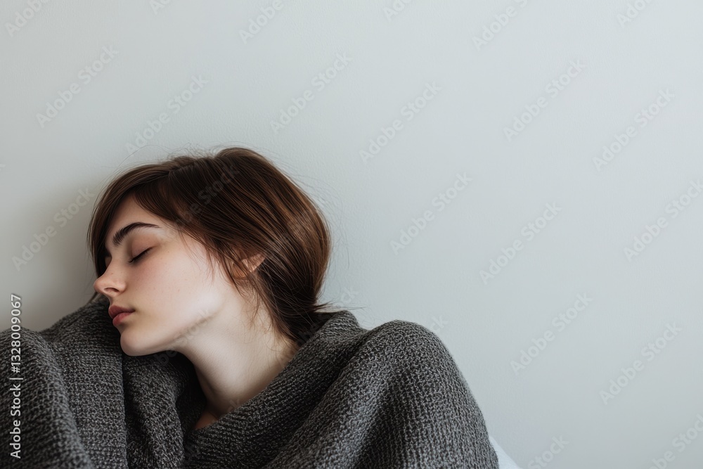 Young Woman Relaxing with Cozy Blanket Against Neutral Wall Young Woman Relaxing with Cozy Blanket Against Neutral Wall
