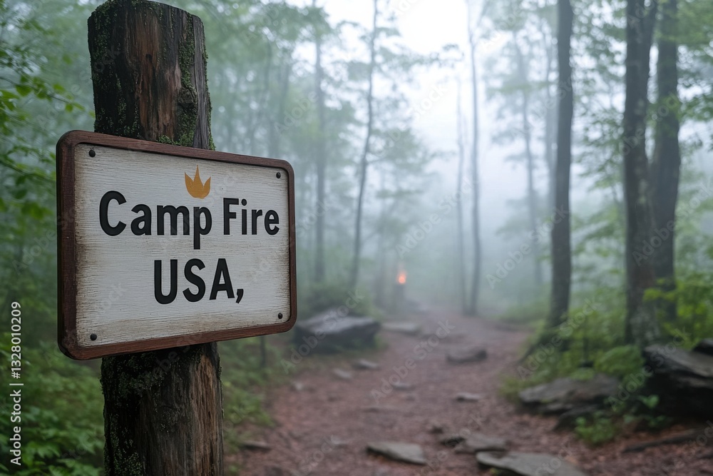 Camp Fire USA Sign in Lush Green Forest with Misty Background Camp Fire USA Sign in Lush Green Forest with Misty Background