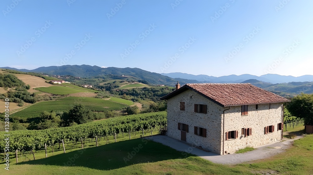 Obraz premium A picturesque vineyard in the Italian countryside with rolling hills and a rustic stone farmhouse