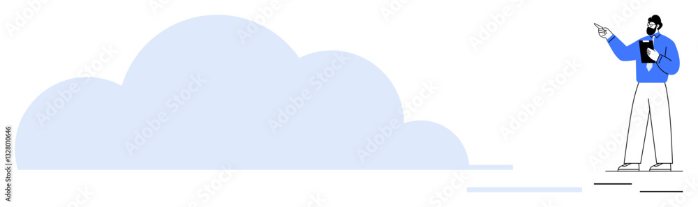 Businessman holding a notebook and pointing at a large cloud, representing cloud computing, innovation, futuristic solutions. Ideal for technology, business, cloud storage, IT services, progress Businessman holding a notebook and pointing at a large cloud, representing cloud computing, innovation, futuristic solutions. Ideal for technology, business, cloud storage, IT services, progress