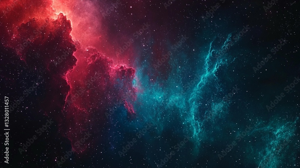 Fototapeta premium Red and teal nebula clouds in space, cosmic dust and stars.