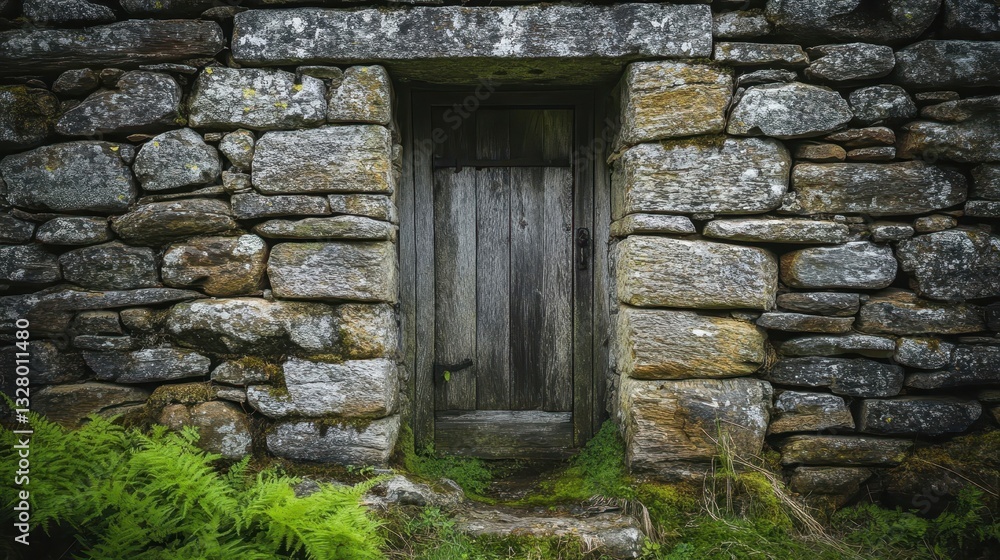 A weathered wooden door set in a stone structure entrance A weathered wooden door set in a stone structure entrance