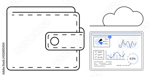 Wallet next to cloud and data dashboard showing graphs and charts. Ideal for fintech, finance, saving, data management, cloud computing, analytics tools, secure transactions. Flat simple metaphor