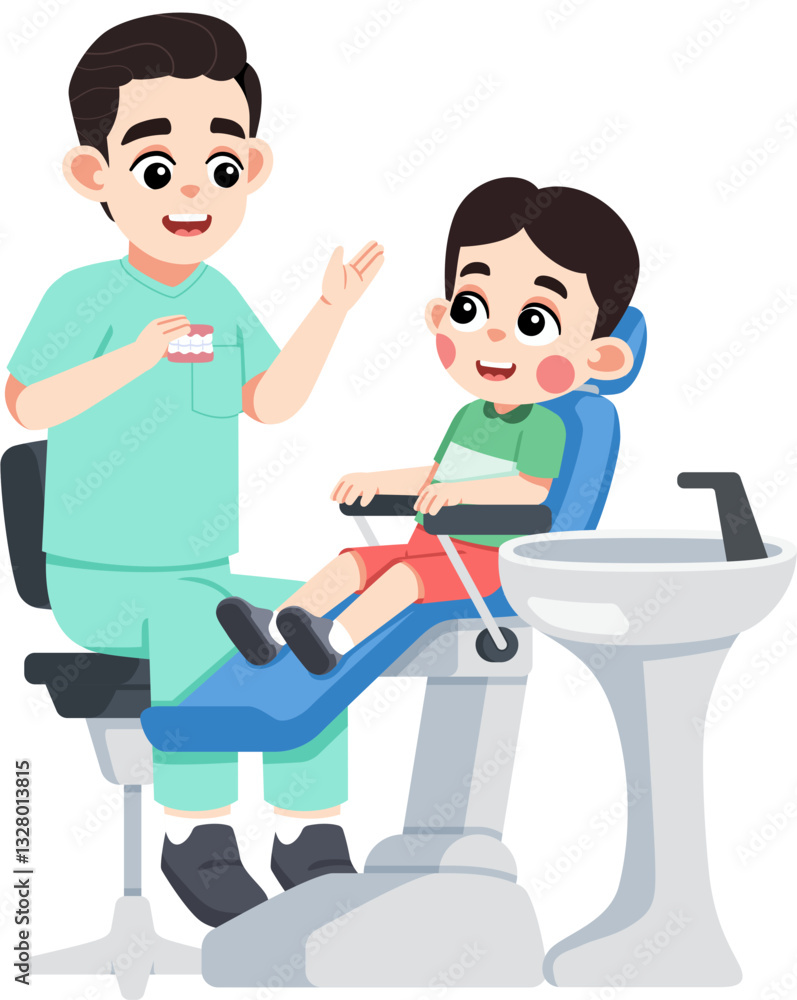 a Dentist Explaining about Teeth to a Kid on Dental Patient Chair a Dentist Explaining about Teeth to a Kid on Dental Patient Chair