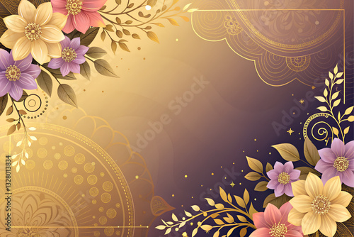 Digital art with an abstract gradient background in brown and gold tones with intricate patterns and colorful flowers decorating the corners.
