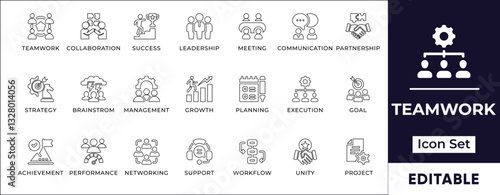 Flat teamwork line icon set featuring collaboration, leadership, corporate success, brainstorming, communication, and productivity. Perfect for teamwork and collaboration projects.