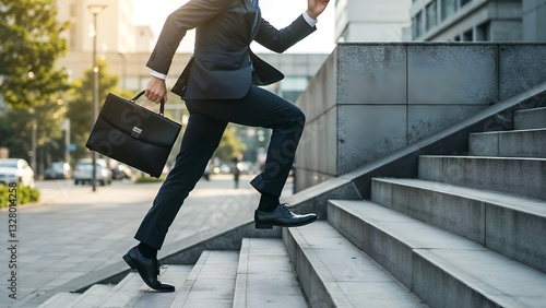 Wallpaper Mural Confident businessman running up stairs in an urban setting, holding a black briefcase. Symbolizing determination, motivation and career success in a corporate environment Torontodigital.ca