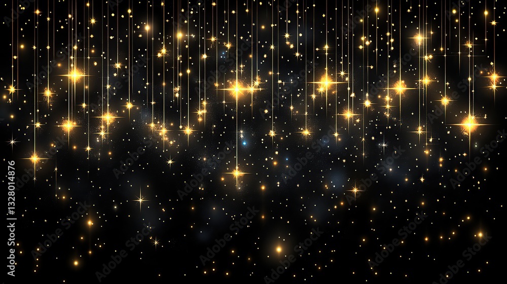 Naklejka premium Golden stars and lights cascading on a black backdrop
