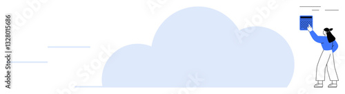 Large cloud shape with a person placing a file, symbolizing online storage and file management. Ideal for technology, cloud computing, data security, online collaboration, digital organization