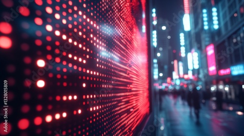 Wallpaper Mural Large format digital display, grid of glowing red and dark red dots, projecting light patterns, city street scene in the background, blurred people walking, neon lights of buildings, urban environment Torontodigital.ca