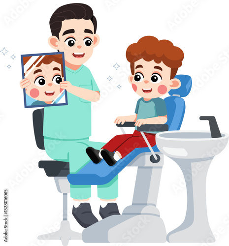 a Dentist Holding a Mirror for a Kid on Dental Patient Chair to See