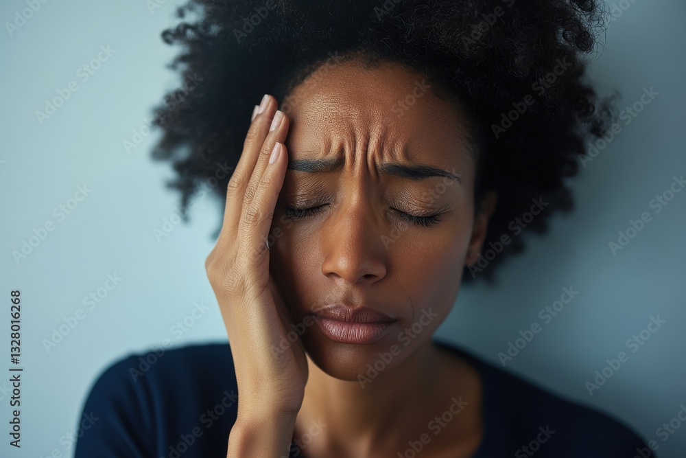Woman with curly hair experiencing stress and emotional turmoil indoors Woman with curly hair experiencing stress and emotional turmoil indoors