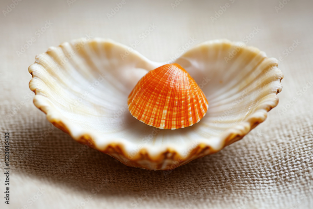 A vibrant orange seashell nestled inside a larger white shell on a neutral fabric background, creating a harmonious and natural aesthetic. A vibrant orange seashell nestled inside a larger white shell on a neutral fabric background, creating a harmonious and natural aesthetic.