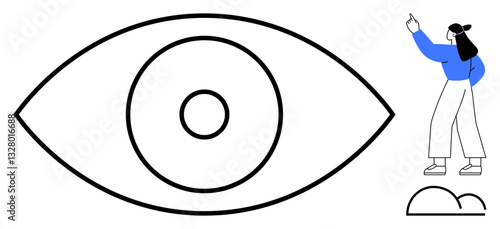 Oversized eye with central circle pattern next to woman pointing upward, representing vision, focus, and clarity. Ideal for creativity, ideas, innovation, insight perspective focus growth. Flat