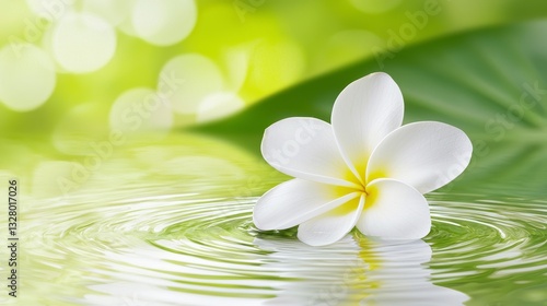 White Plumeria Flower on Calm Water with Green Bokeh Background
