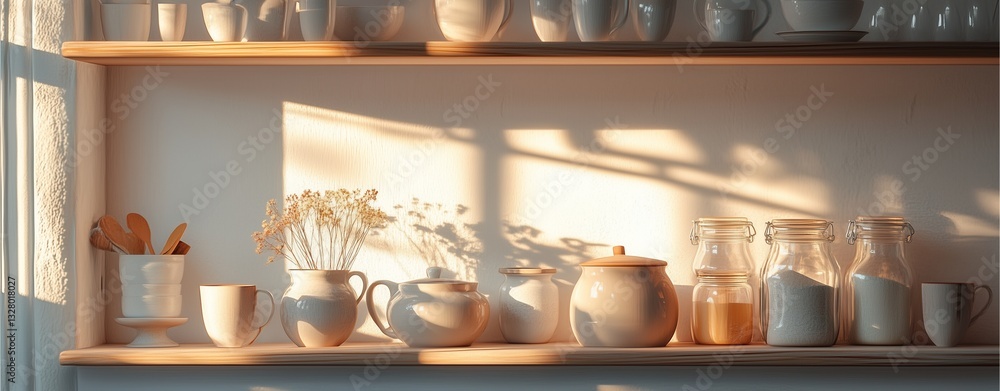 Obraz premium Captivating kitchen shelf arrangement modern home still life photography warm natural light comforting aesthetic