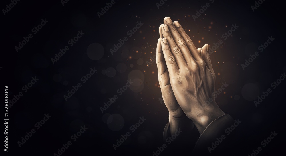Hands in a prayer gesture against a dark background of glowing particles, conveying tranquility, spirituality, and meditation for themes of contemplation and peace. Hands in a prayer gesture against a dark background of glowing particles, conveying tranquility, spirituality, and meditation for themes of contemplation and peace.