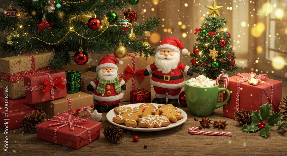 A festive Christmas scene with a decorated tree, cheerful Santa figurines, and a plate of cookies, surrounded by wrapped presents and holiday decorations, creating a cozy atmosphere. A festive Christmas scene with a decorated tree, cheerful Santa figurines, and a plate of cookies, surrounded by wrapped presents and holiday decorations, creating a cozy atmosphere.