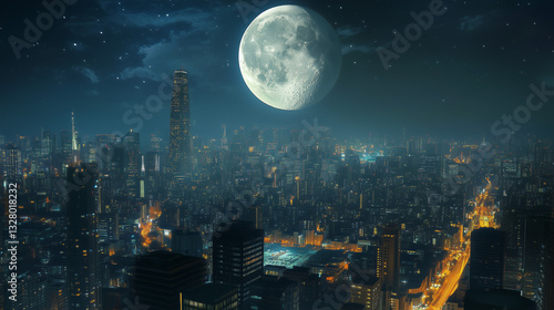 Wallpaper Mural The moon hanging over a bustling cityscape, casting luminous shadows and inspiring urban nocturnal dreams Torontodigital.ca