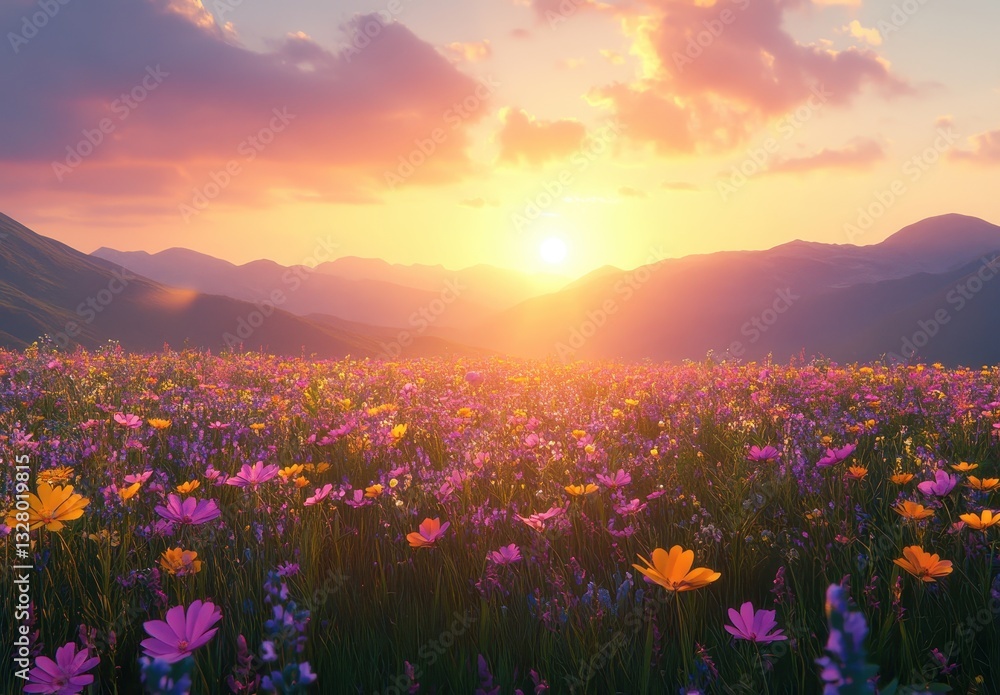 Obraz premium Vibrant Sunset Over Lush Flower Field with Mountainous Horizon and Colorful Blooms Illuminated by Warm Golden Light