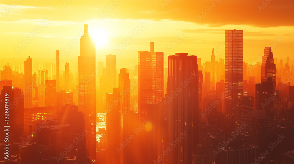 Fototapeta premium Vibrant golden hour cityscape showcasing skyscrapers aglow with warm light, reflecting modern urban elegance beautifully