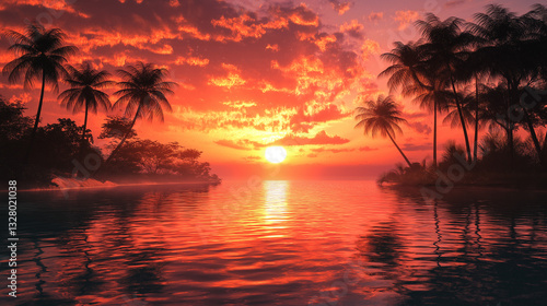 Soft, dreamy sunset over a hidden oasis, where gentle light creates a serene, enchanting landscape