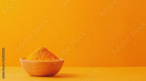 Vibrant Turmeric Powder in Wooden Bowl against Orange Background