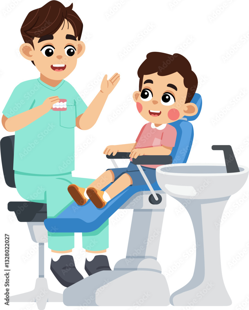 a Dentist Explaining about Teeth to a Kid on Dental Patient Chair a Dentist Explaining about Teeth to a Kid on Dental Patient Chair