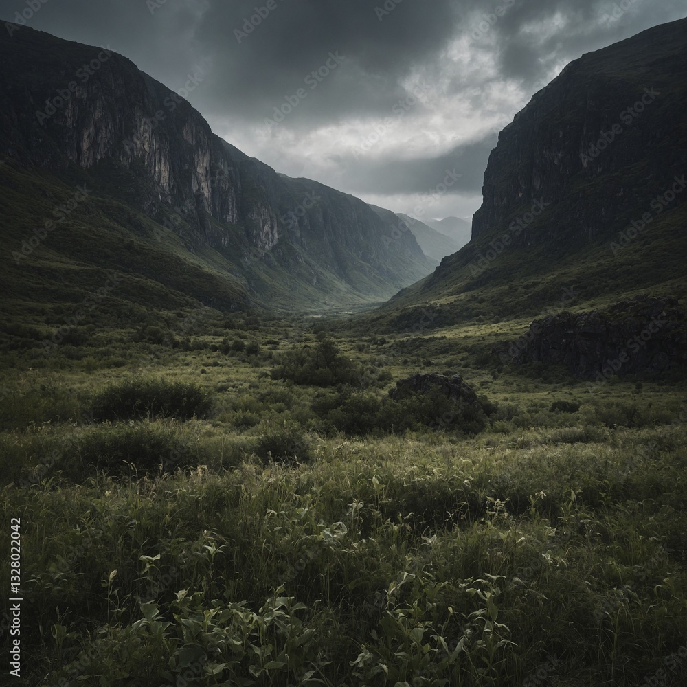 Obraz premium The Valley of Lost Echoes – In a remote valley, sound behaves strangely. Voices return minutes after they are spoken, and some echoes do not belong to anyone.