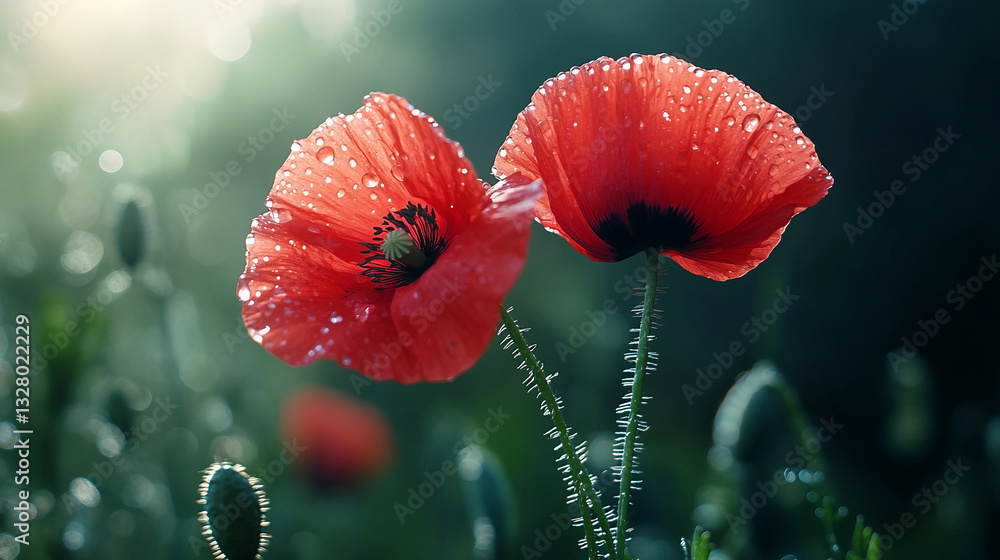 Obraz premium Two red flowers with dew on them in a field
