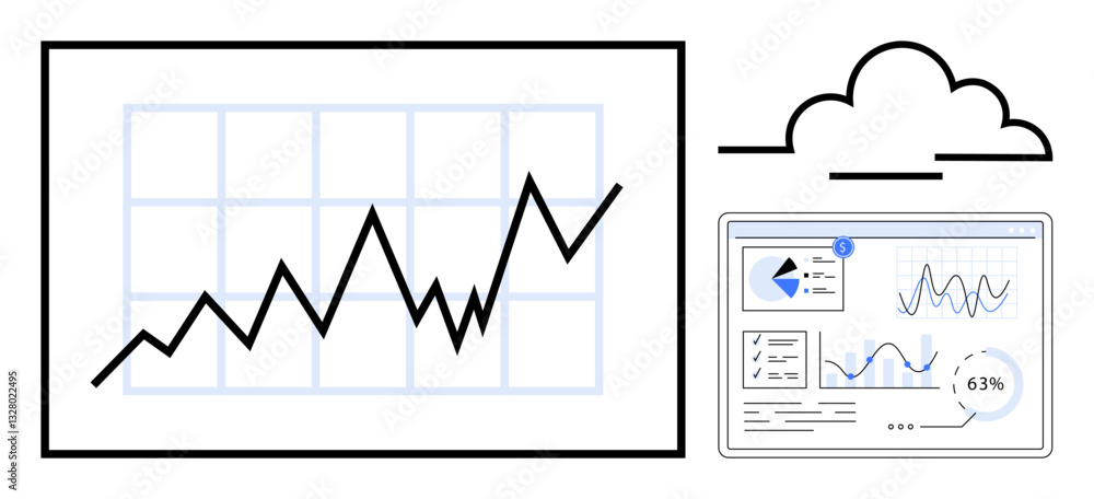 Line chart with upward trend, cloud outline, and dashboard interface. Ideal for analytics, cloud computing, technology, business, data visualization growth strategy finance. Flat simple metaphor Line chart with upward trend, cloud outline, and dashboard interface. Ideal for analytics, cloud computing, technology, business, data visualization growth strategy finance. Flat simple metaphor