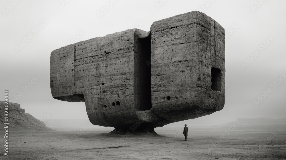 Gigantic suspended concrete structure in desert with lone figure highlighting surreal architectural contrast against bleak landscape