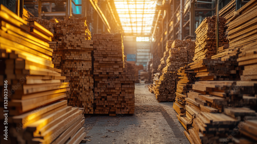 Stacks of timber planks in warehouse with sunlight streaming through windows creating warm glow
